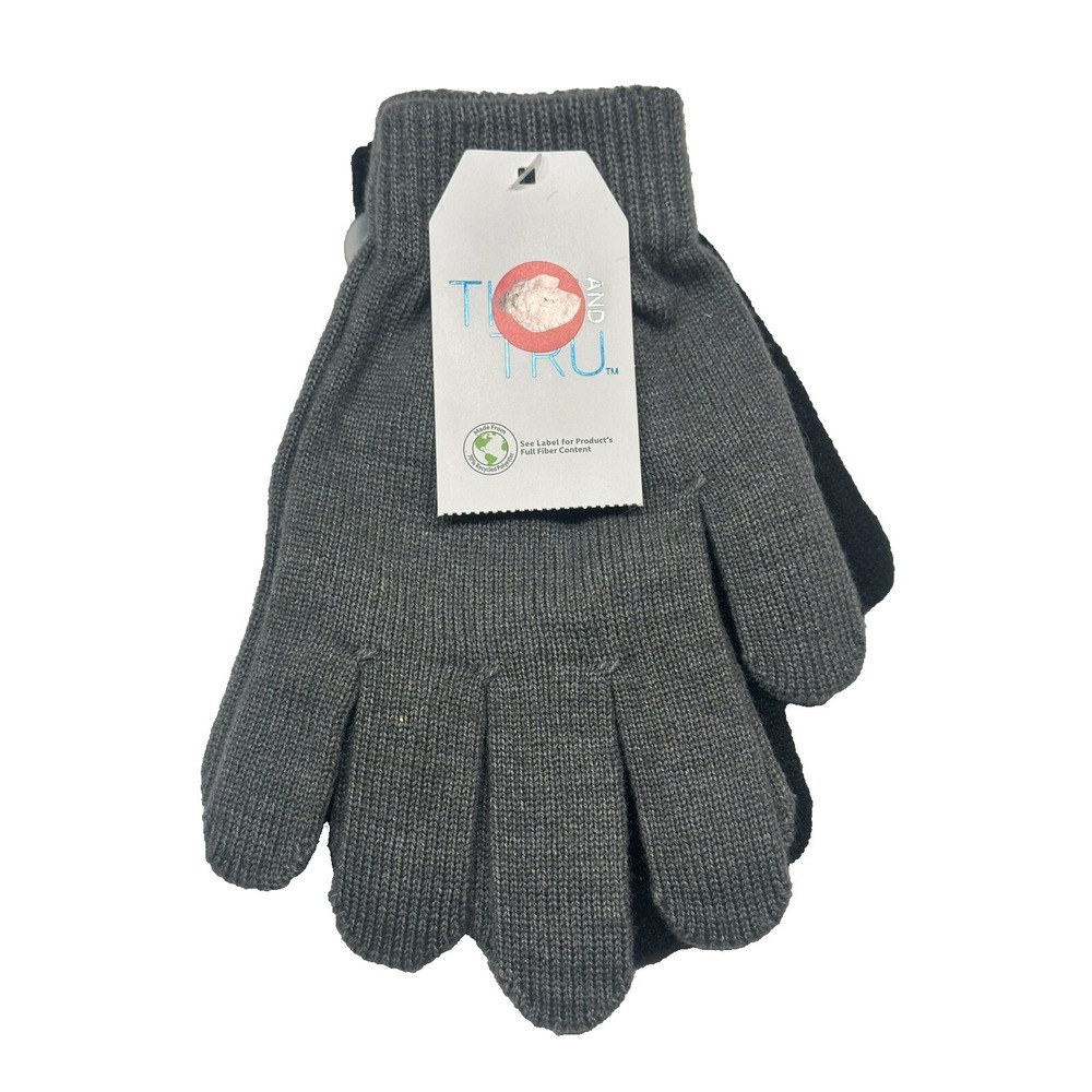 Time and Tru Womens 2 Pairs Winter Knit Gloves Black Grey One Size NEW